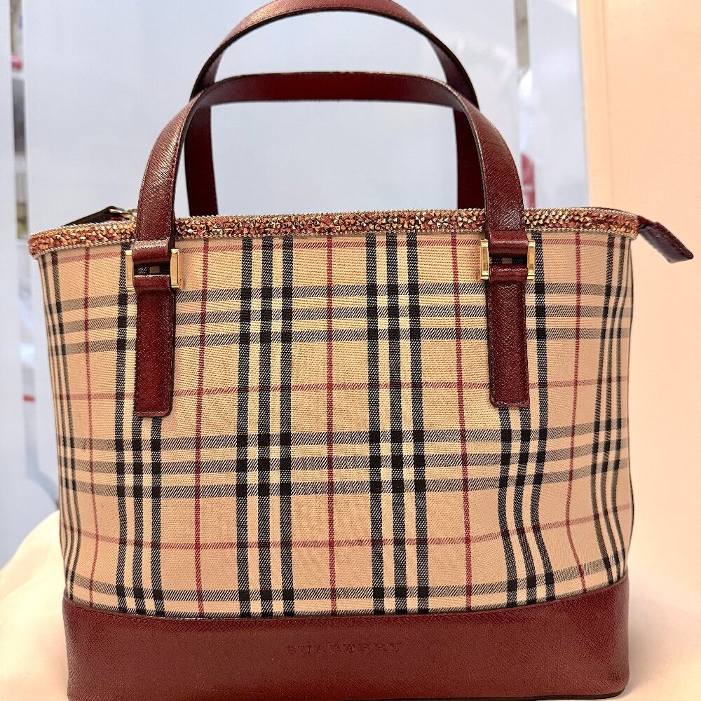 Burberry tartan plaid fabric and burgundy leather tote bag